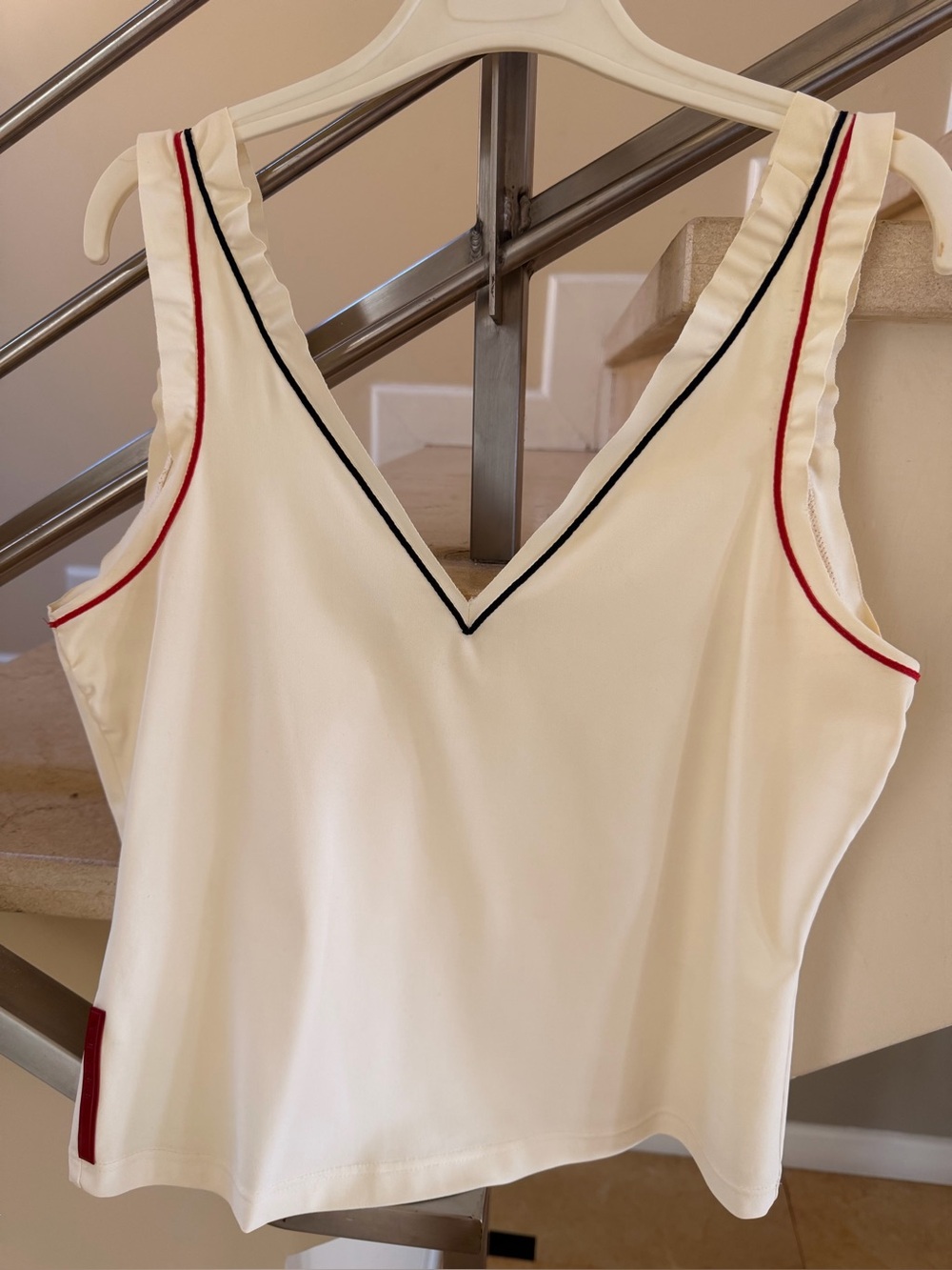 Vintage Prada Cream V-Neck Bandeau Tank with Black and Red Piping